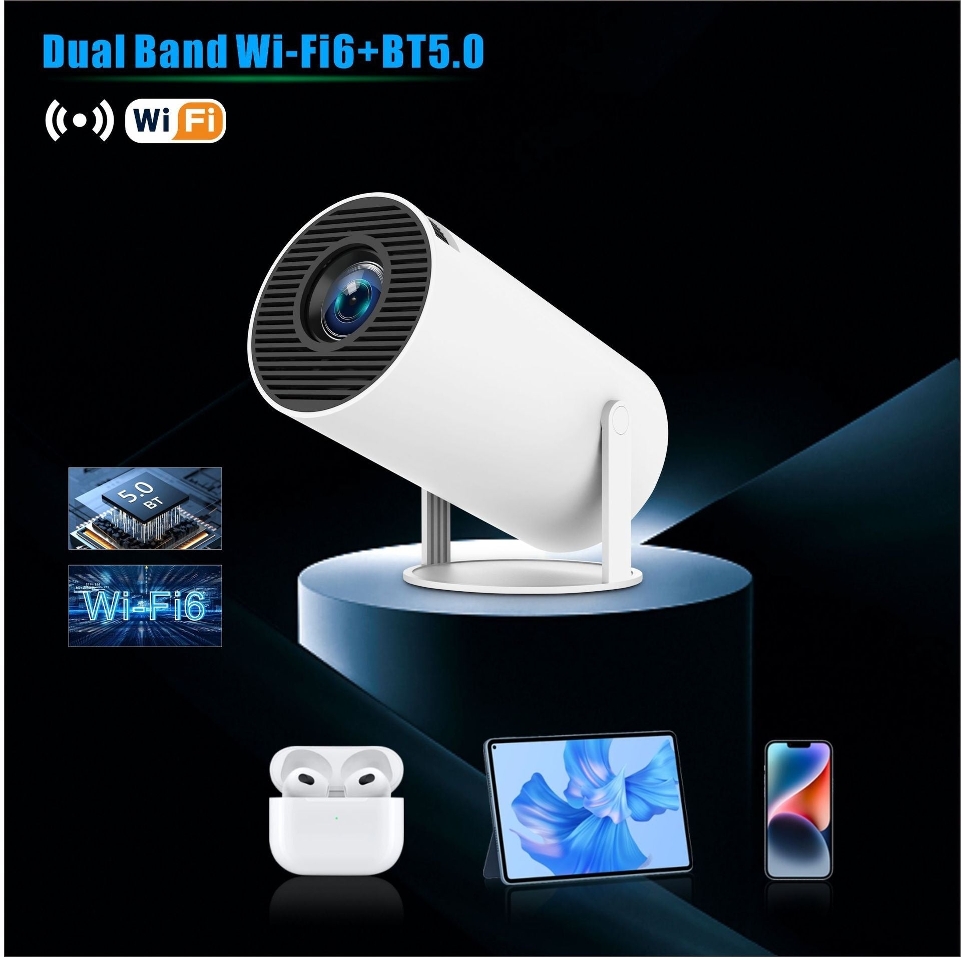 HY300 Pro Premium Smarter Tragbarer Projektor – Dual-Band Wi-Fi 6, Bluetooth 5.0, Automatische Trapezkorrektur & 180° Einstellbarer Winkel für Heimkino