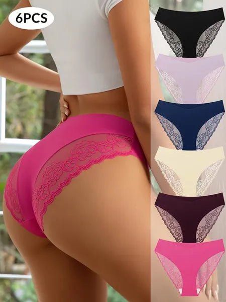 6er Pack Mehrfarbige Sexy Spitzen-Dreieckshöschen, niedrige elastische Taille, modische Damen-Po-Lifting-Unterwäsche, Patchwork-Spitze