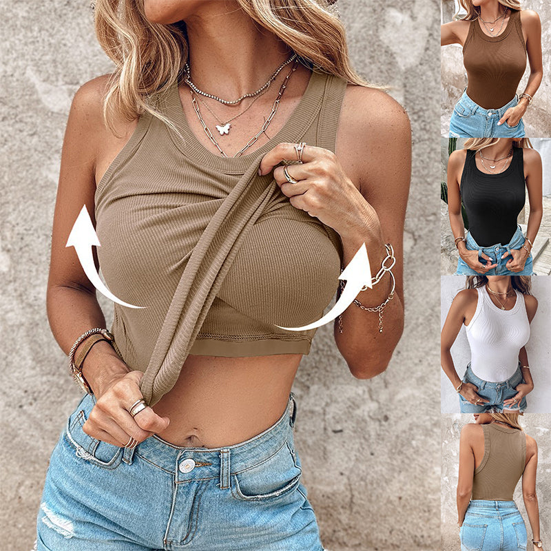 Débardeur Femme Col Rond Intégré avec Soutien-Gorge, Couleur Unie, Sans Manches, Vêtement d'été
