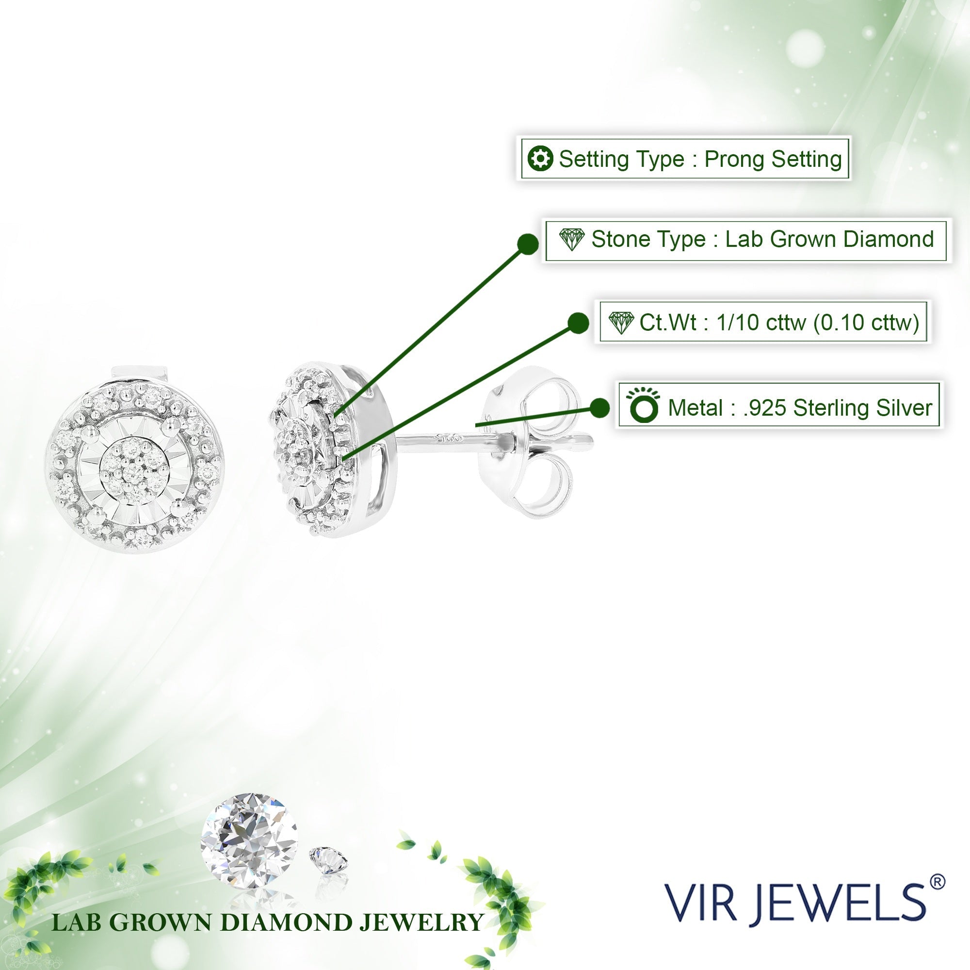 1/10 Karat insgesamt im Labor gezüchtete Diamant-Composite-Ohrringe aus Sterlingsilber mit Stecker für Damen
