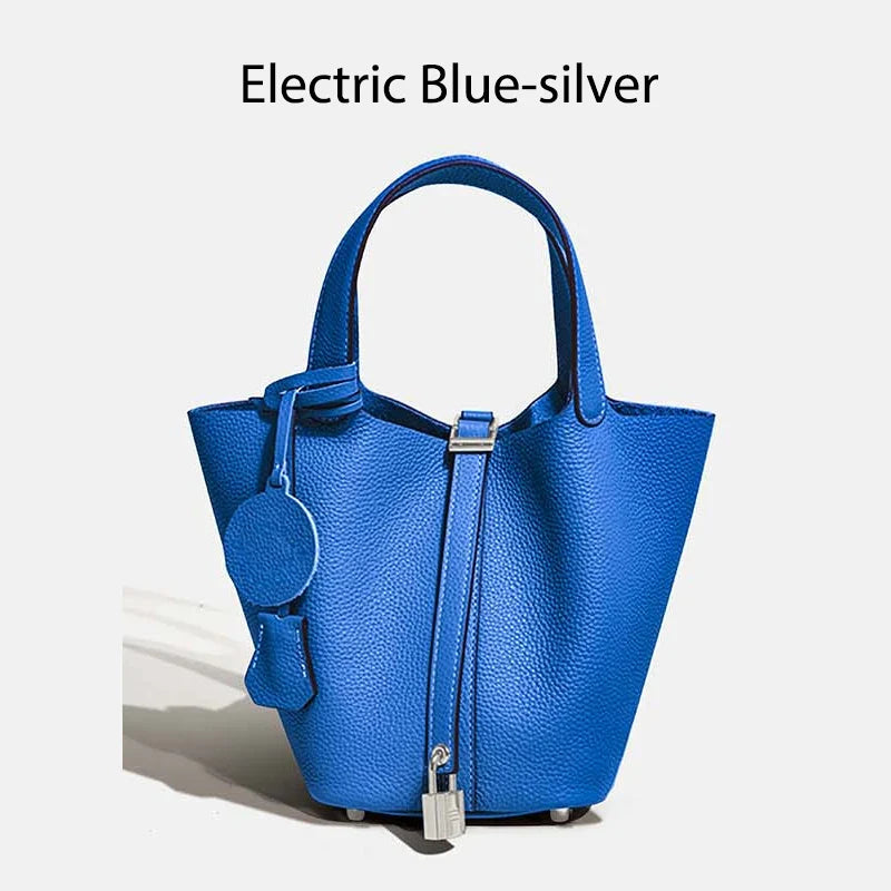 Damen Leder Eimer Tasche - Handtasche aus echtem Leder | Große Tragetasche mit silbernen Beschlägen