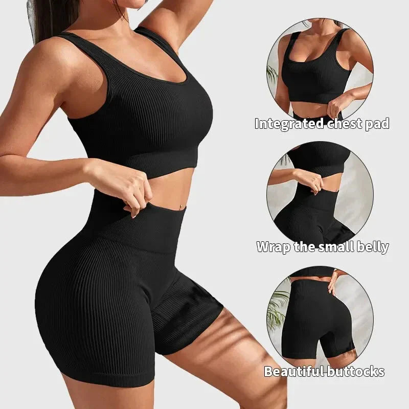 Nahtloses geripptes Yoga-Set für Damen – Crop-Top & High-Waist Shorts