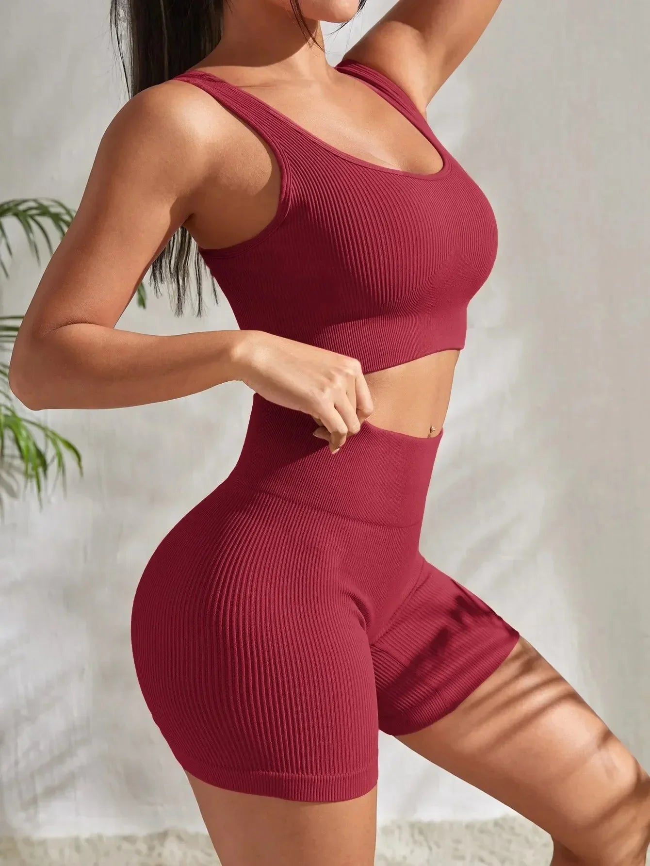 Nahtloses geripptes Yoga-Set für Damen – Crop-Top & High-Waist Shorts