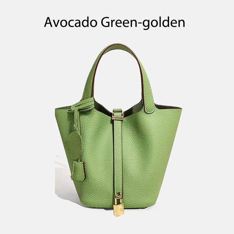 Damen Leder Eimer Tasche - Handtasche aus echtem Leder | Große Tragetasche mit silbernen Beschlägen