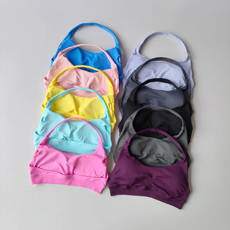 Soutien-gorge de sport rembourré – Soutien-gorge d'entraînement sans couture antichoc avec bretelles tour de cou, maintien moyen