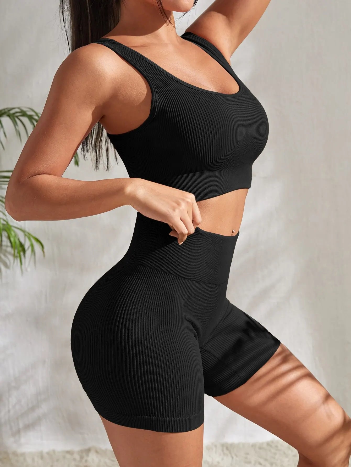 Nahtloses geripptes Yoga-Set für Damen – Crop-Top & High-Waist Shorts