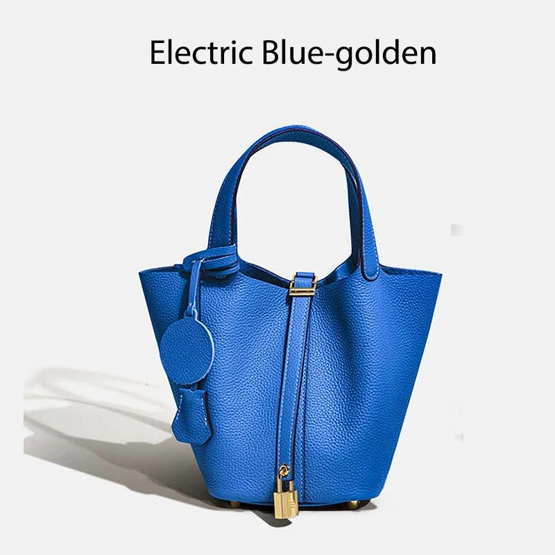 Damen Leder Eimer Tasche - Handtasche aus echtem Leder | Große Tragetasche mit silbernen Beschlägen