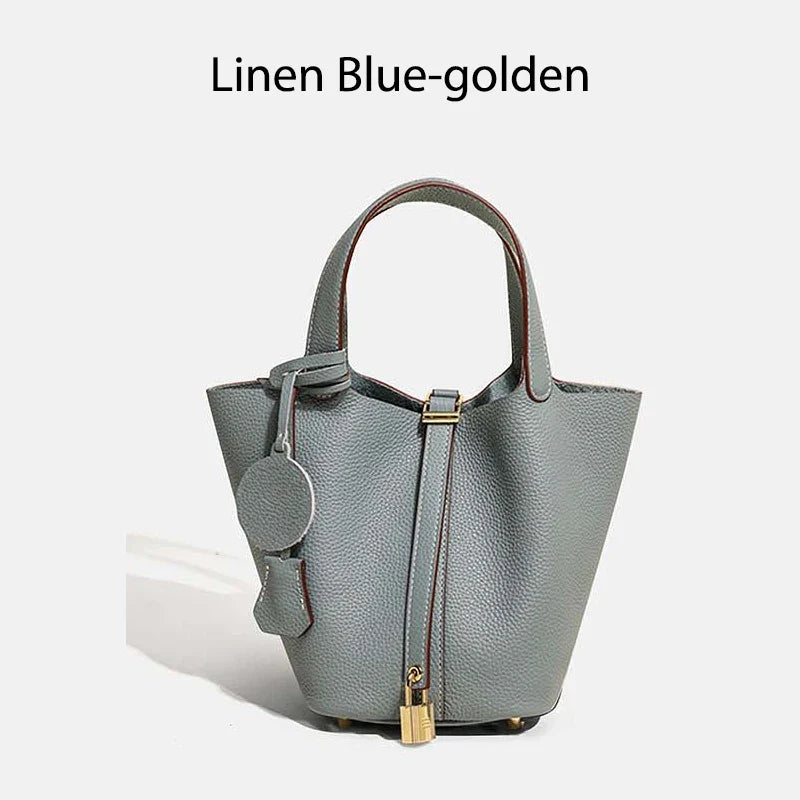 Damen Leder Eimer Tasche - Handtasche aus echtem Leder | Große Tragetasche mit silbernen Beschlägen