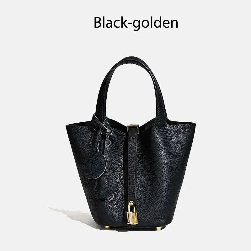 Damen Leder Eimer Tasche - Handtasche aus echtem Leder | Große Tragetasche mit silbernen Beschlägen