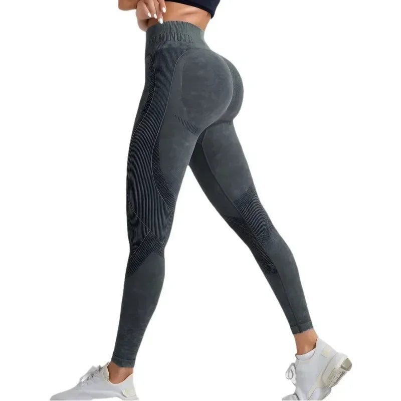 Nahtlose Damen-Gym-High-Waist-Yogahose, Hüftstraffung, Outdoor-Sport, enge Taille, Buchstabe, Sandgewaschene Hose, Trainings-Yoga-Leggings
