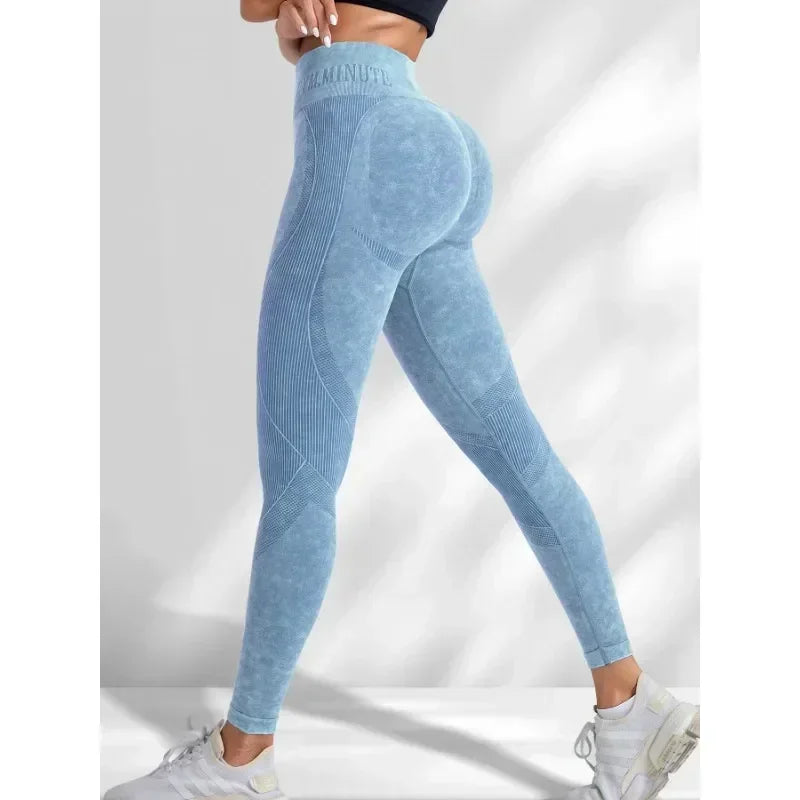 Nahtlose Damen-Gym-High-Waist-Yogahose, Hüftstraffung, Outdoor-Sport, enge Taille, Buchstabe, Sandgewaschene Hose, Trainings-Yoga-Leggings
