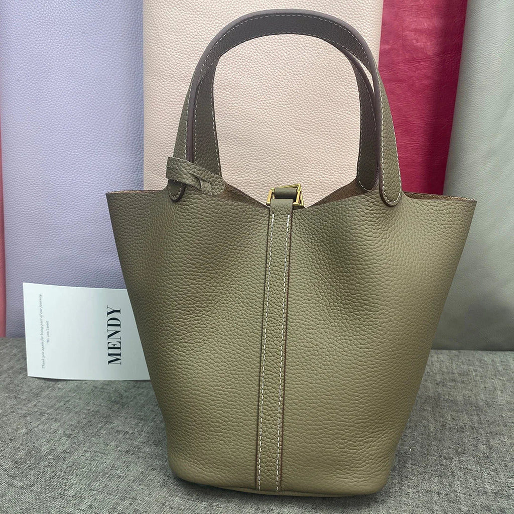 Damen Leder Eimer Tasche - Handtasche aus echtem Leder | Große Tragetasche mit silbernen Beschlägen