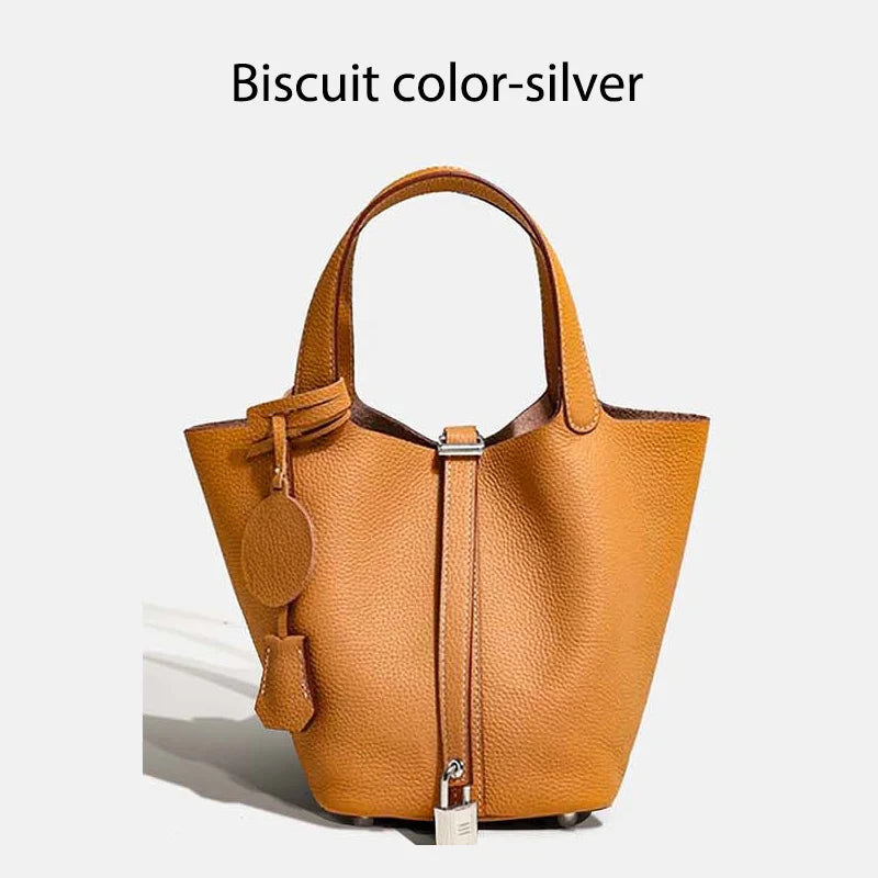 Damen Leder Eimer Tasche - Handtasche aus echtem Leder | Große Tragetasche mit silbernen Beschlägen