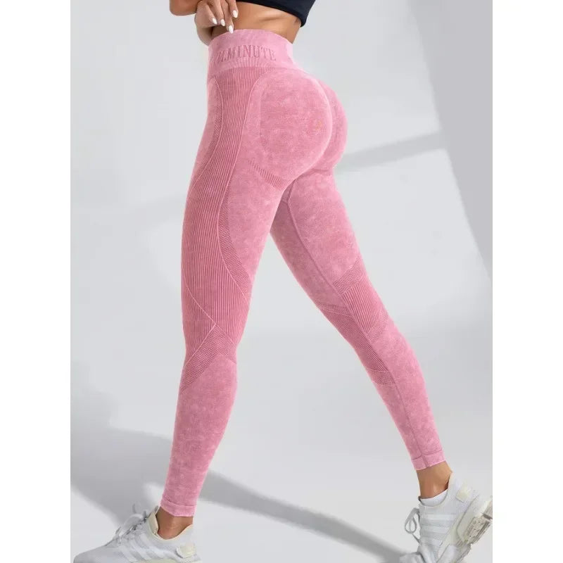 Nahtlose Damen-Gym-High-Waist-Yogahose, Hüftstraffung, Outdoor-Sport, enge Taille, Buchstabe, Sandgewaschene Hose, Trainings-Yoga-Leggings