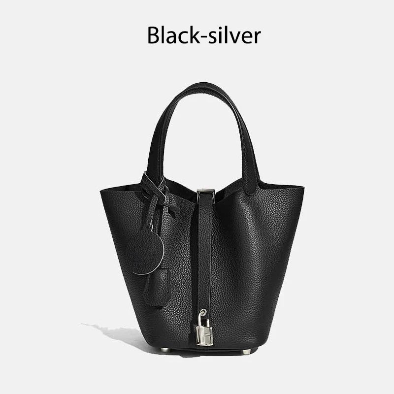 Damen Leder Eimer Tasche - Handtasche aus echtem Leder | Große Tragetasche mit silbernen Beschlägen