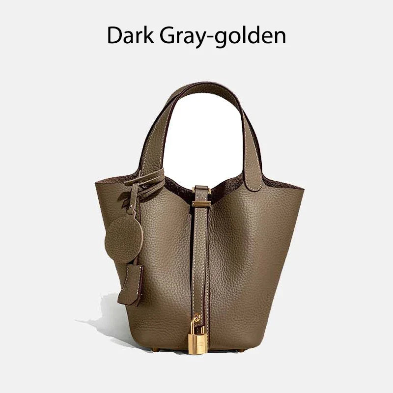 Damen Leder Eimer Tasche - Handtasche aus echtem Leder | Große Tragetasche mit silbernen Beschlägen