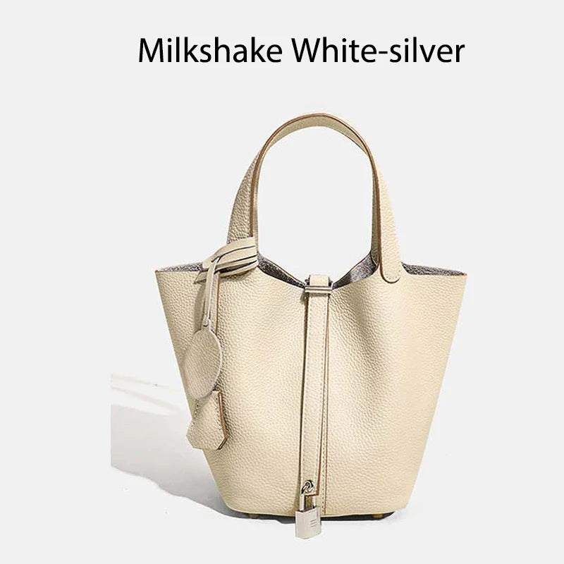 Damen Leder Eimer Tasche - Handtasche aus echtem Leder | Große Tragetasche mit silbernen Beschlägen