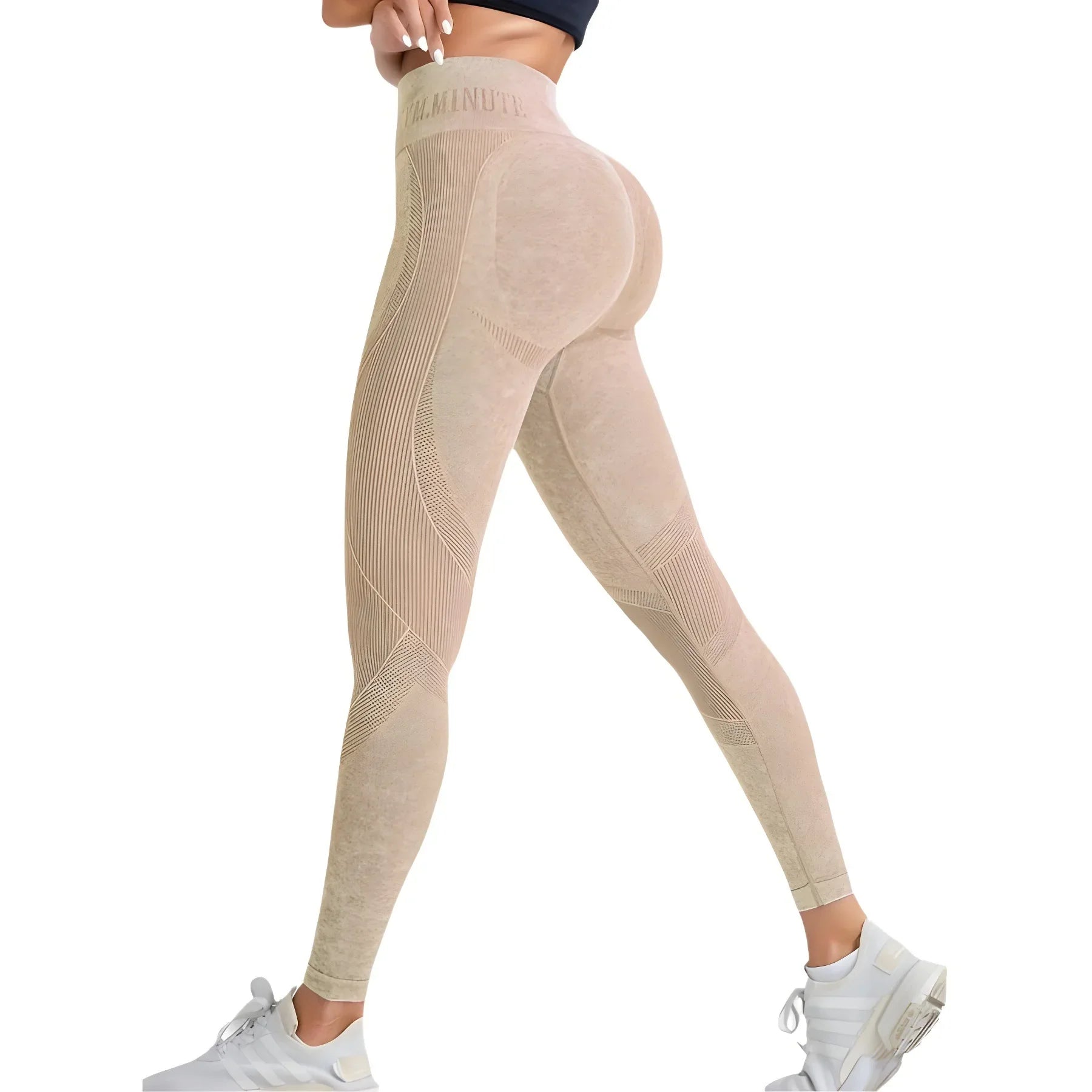 Nahtlose Damen-Gym-High-Waist-Yogahose, Hüftstraffung, Outdoor-Sport, enge Taille, Buchstabe, Sandgewaschene Hose, Trainings-Yoga-Leggings