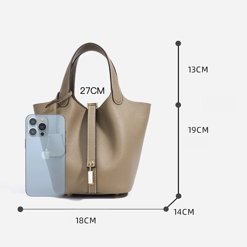 Damen Leder Eimer Tasche - Handtasche aus echtem Leder | Große Tragetasche mit silbernen Beschlägen
