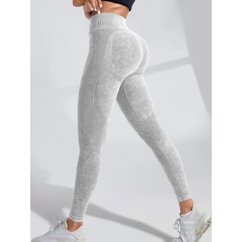 Nahtlose Damen-Gym-High-Waist-Yogahose, Hüftstraffung, Outdoor-Sport, enge Taille, Buchstabe, Sandgewaschene Hose, Trainings-Yoga-Leggings