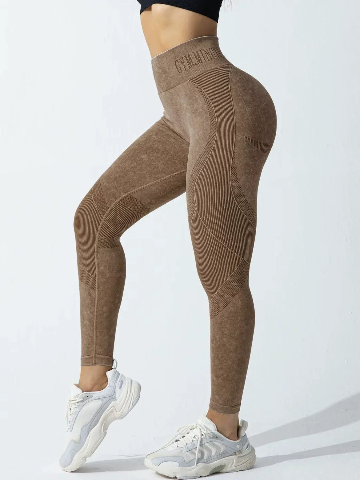 Nahtlose Damen-Gym-High-Waist-Yogahose, Hüftstraffung, Outdoor-Sport, enge Taille, Buchstabe, Sandgewaschene Hose, Trainings-Yoga-Leggings