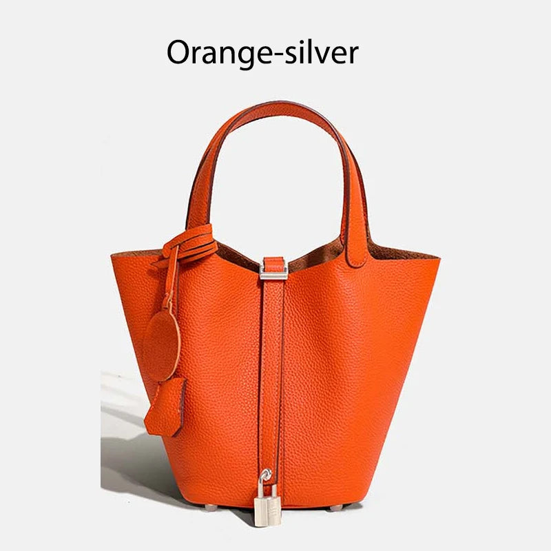 Damen Leder Eimer Tasche - Handtasche aus echtem Leder | Große Tragetasche mit silbernen Beschlägen