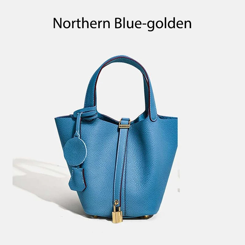 Damen Leder Eimer Tasche - Handtasche aus echtem Leder | Große Tragetasche mit silbernen Beschlägen