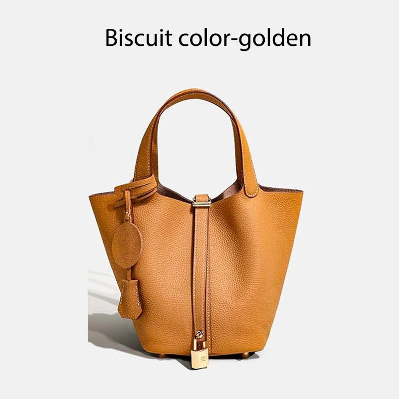 Damen Leder Eimer Tasche - Handtasche aus echtem Leder | Große Tragetasche mit silbernen Beschlägen