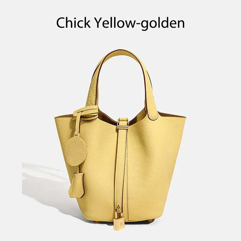 Damen Leder Eimer Tasche - Handtasche aus echtem Leder | Große Tragetasche mit silbernen Beschlägen