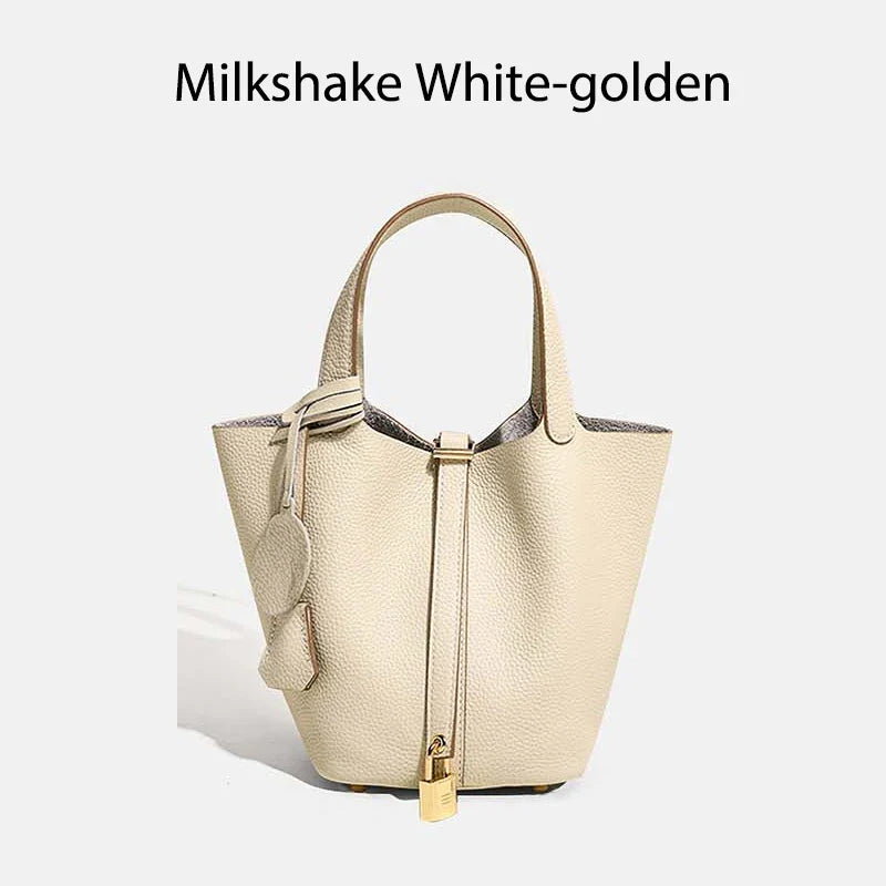 Damen Leder Eimer Tasche - Handtasche aus echtem Leder | Große Tragetasche mit silbernen Beschlägen
