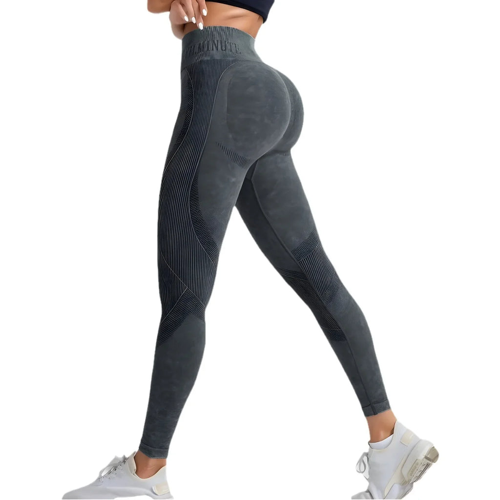 Nahtlose Damen-Gym-High-Waist-Yogahose, Hüftstraffung, Outdoor-Sport, enge Taille, Buchstabe, Sandgewaschene Hose, Trainings-Yoga-Leggings