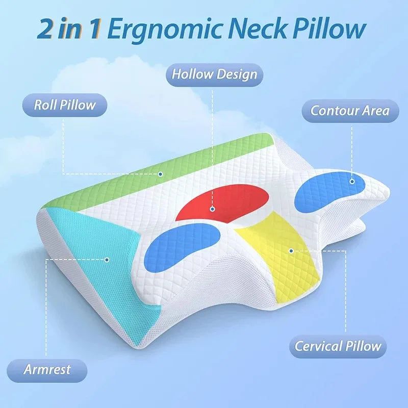 Neues 2-in-1 Ergonomisches Memory Foam Kissen, Hilfe bei Schlaf, Nackenschutz, zervikales orthopädisches Reise-Nackenkissen zum Schlafen für Zuhause
