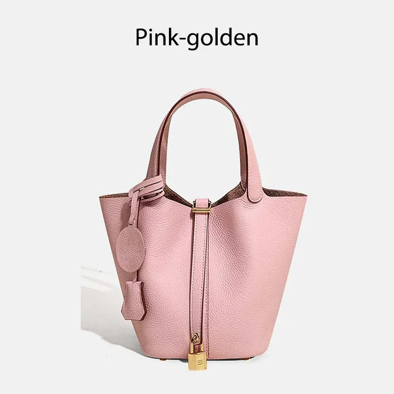 Damen Leder Eimer Tasche - Handtasche aus echtem Leder | Große Tragetasche mit silbernen Beschlägen