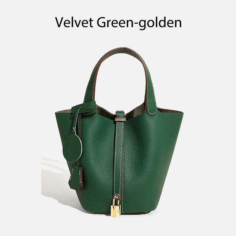 Damen Leder Eimer Tasche - Handtasche aus echtem Leder | Große Tragetasche mit silbernen Beschlägen