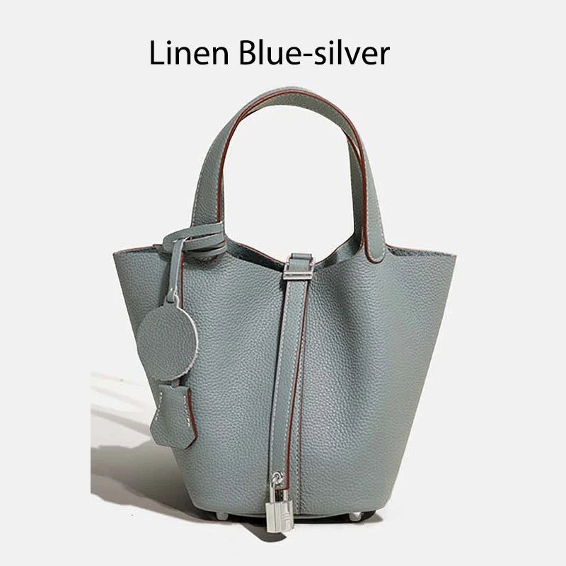 Damen Leder Eimer Tasche - Handtasche aus echtem Leder | Große Tragetasche mit silbernen Beschlägen