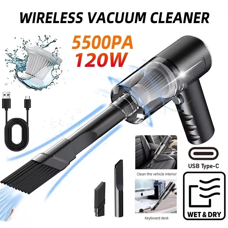 120W Hochleistungs-Kabelloser Autostaubsauger - Tragbarer Handstaubsauger für Zuhause & Auto | 2-in-1 Dual-Use Tiefenreinigungsmaschine, Schwarz