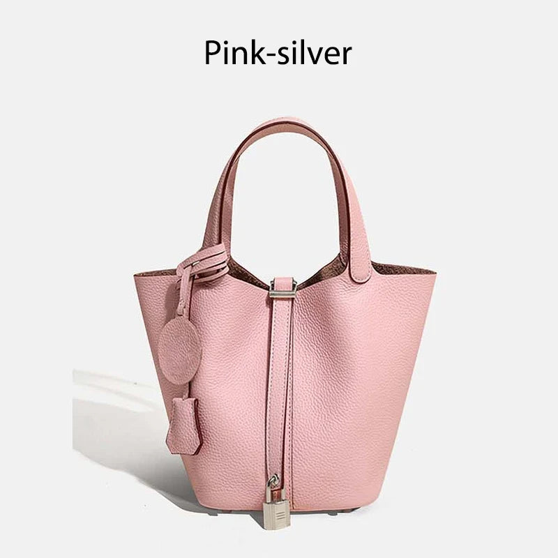 Damen Leder Eimer Tasche - Handtasche aus echtem Leder | Große Tragetasche mit silbernen Beschlägen