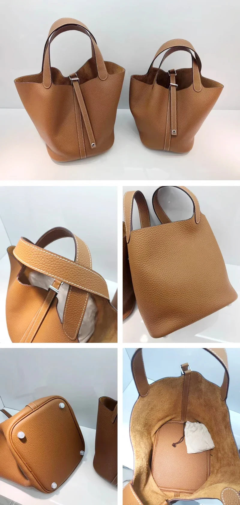 Damen Leder Eimer Tasche - Handtasche aus echtem Leder | Große Tragetasche mit silbernen Beschlägen