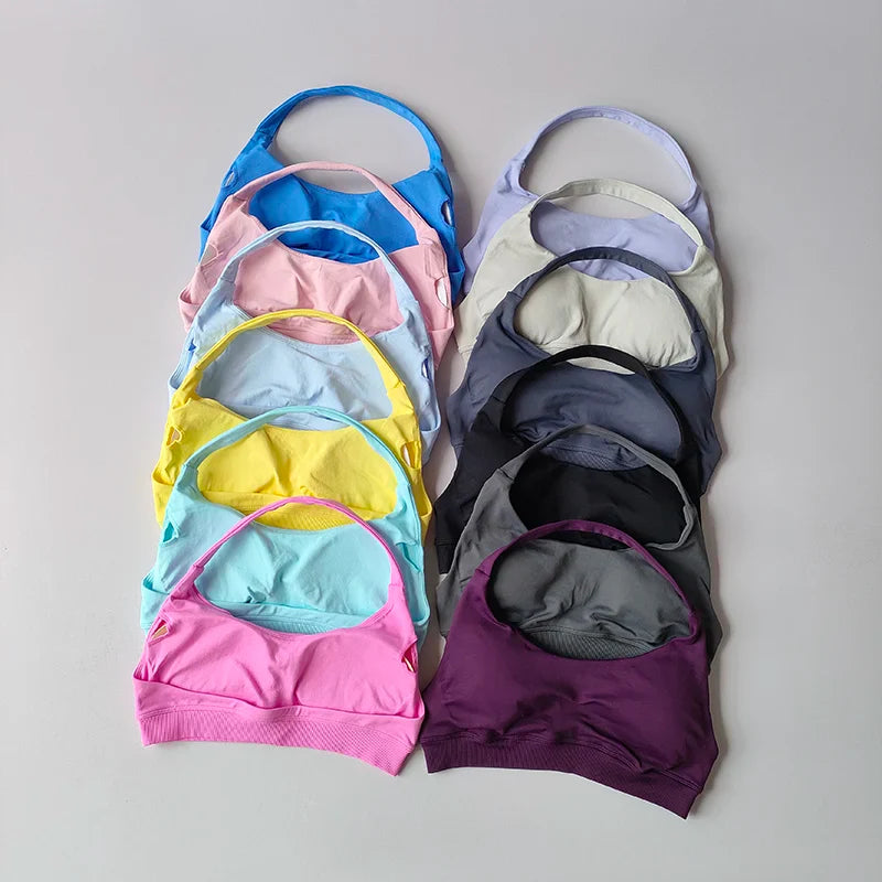 Soutien-gorge de sport rembourré – Soutien-gorge d'entraînement sans couture antichoc avec bretelles tour de cou, maintien moyen