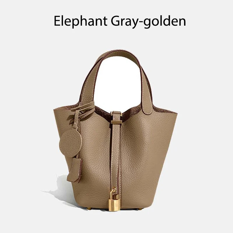 Damen Leder Eimer Tasche - Handtasche aus echtem Leder | Große Tragetasche mit silbernen Beschlägen
