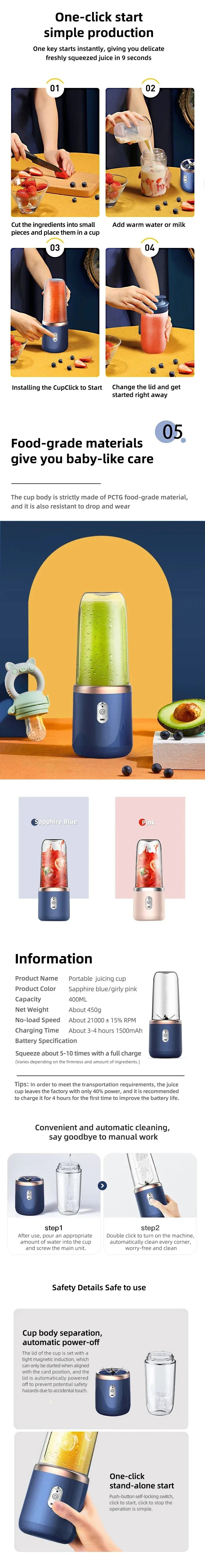 6 Farben 400ml Tragbarer USB Mixer Elektrischer Reise-Entsafterbecher für Smoothies Milchshakes Küchen-Mini-Mixer-Werkzeug