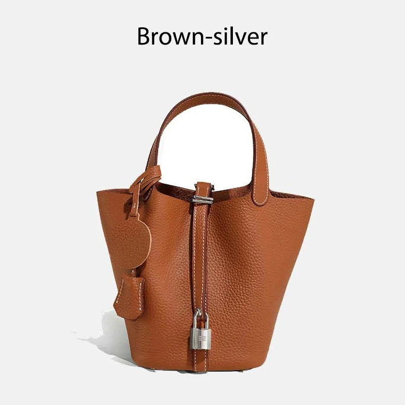 Damen Leder Eimer Tasche - Handtasche aus echtem Leder | Große Tragetasche mit silbernen Beschlägen