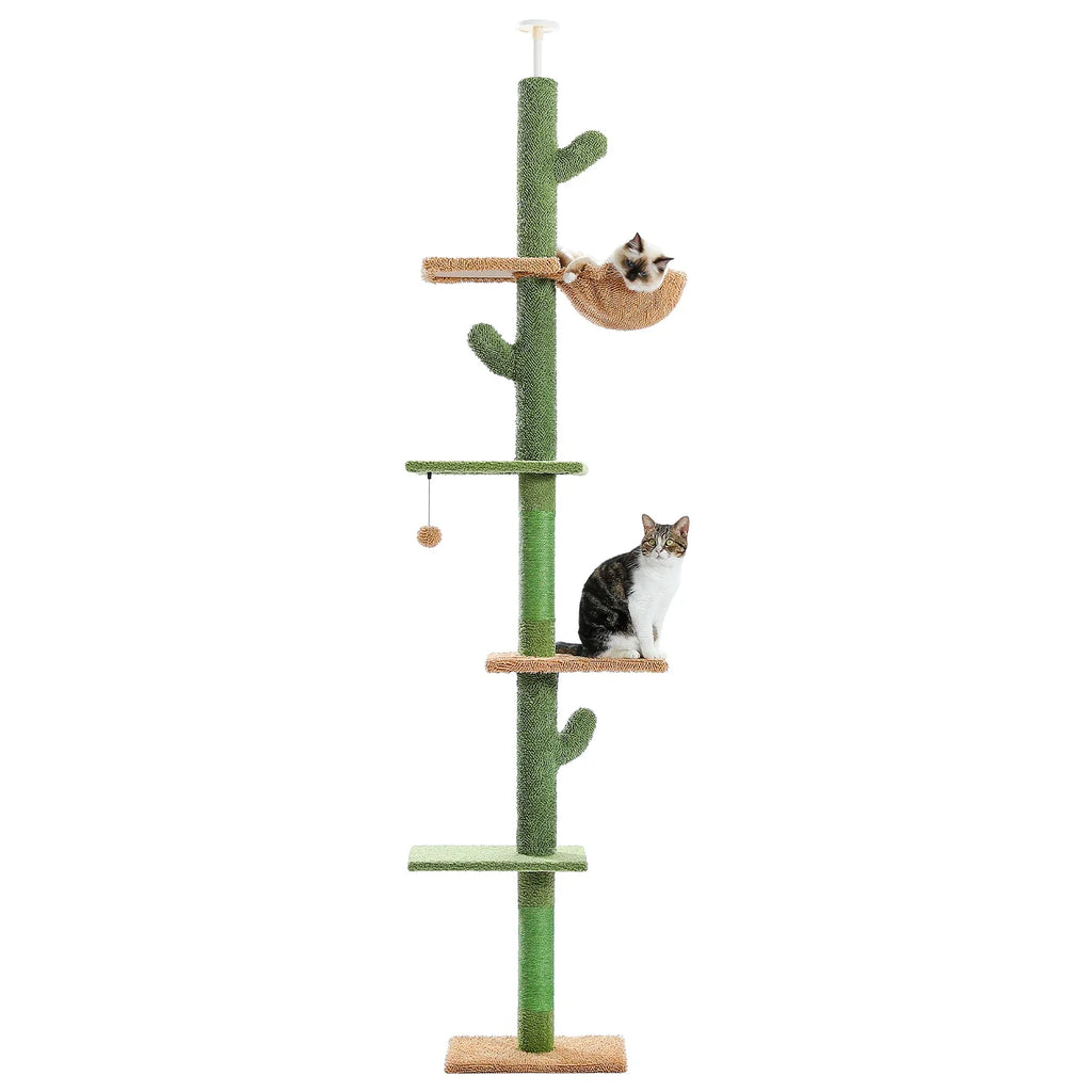 Katzenbaum 5-stufig, raumhoch, Kaktus-Kratzbaum, großer Kletterbaum mit Kratzsäule, Hängematte, baumelndem Ball für Hauskatzen