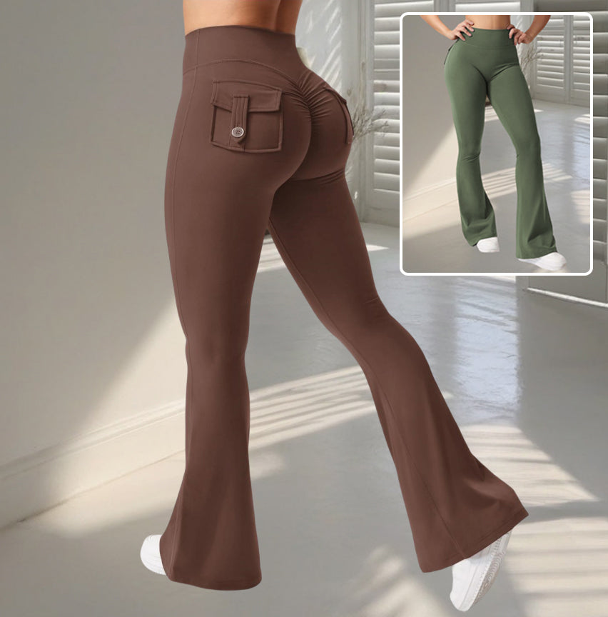 Yoga-Fitness-Hosen mit Schlag und Taschen, Ins Fashion, schmale hohe Taille, Sporthosen, Scrunch Butt Booty Workout Lifting Leggings