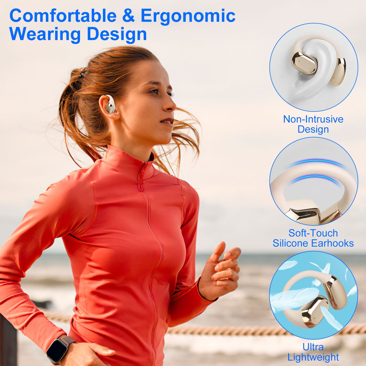 1 ensemble d'écouteurs sans fil à oreille libre V5.4 avec crochets d'oreille, étui de chargement à affichage LED, étanchéité IPX5, autonomie en veille de 300 heures, commandes tactiles, écouteurs de sport stéréo pour l'entraînement et la course à pied
