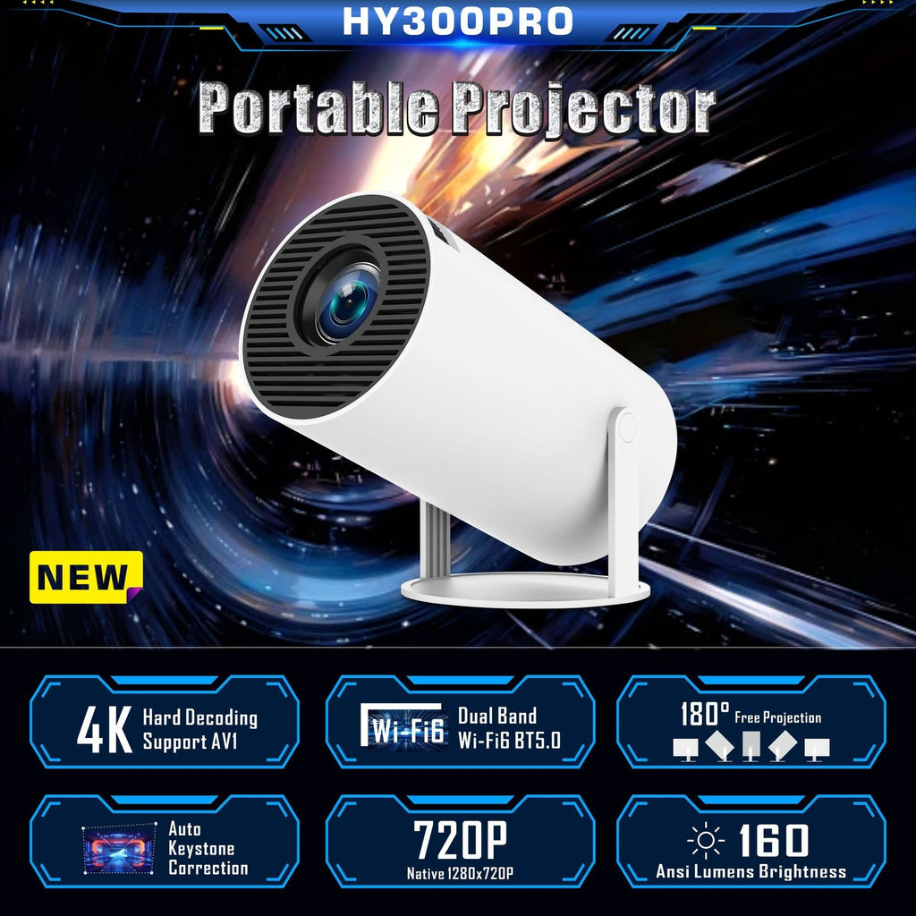 HY300 Pro Premium Smarter Tragbarer Projektor – Dual-Band Wi-Fi 6, Bluetooth 5.0, Automatische Trapezkorrektur & 180° Einstellbarer Winkel für Heimkino